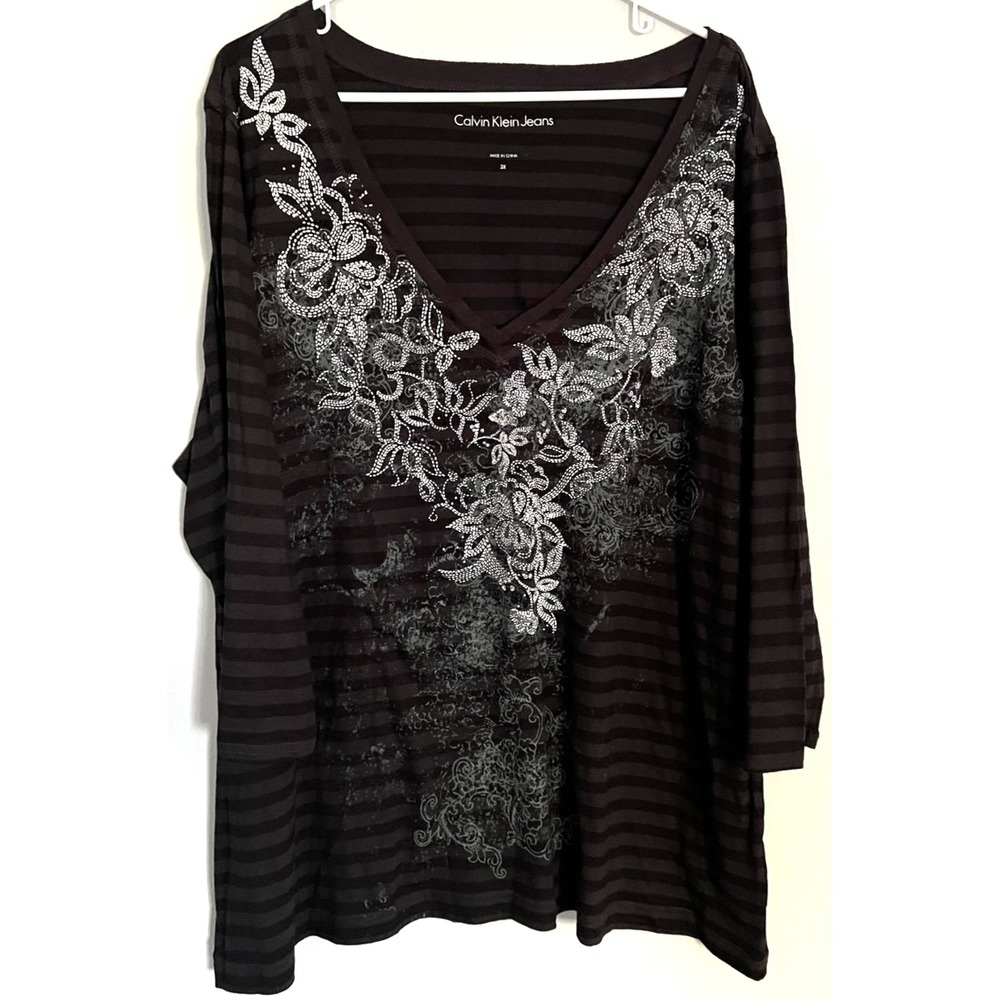 Calvin Klein Jeans Shirt Women 3X Black Gray Stripe V Neck Rhinestone Floral NWT